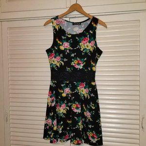 French Atmosphere Black flowered A line dress Size 6
